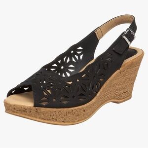 Spring Step ABIGAIL Black Leather Italy‎ Open Toe Women’s Wedge Sandals